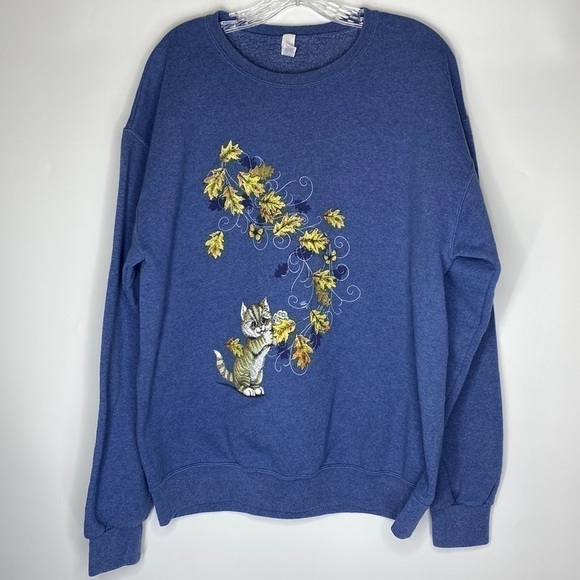 Jerzees Kitty Cat Floral Blue Sweatshirt Size Large - Picture 1 of 7